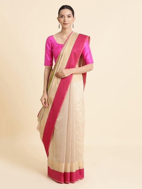 

Taneira Beige & Pink Striped Maheshwari Saree
