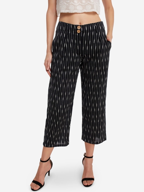 

Desi Weavess Women Black Ikkat Striped Straight Palazzos
