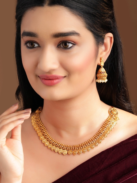 

Rubans 22K Gold Plated & White Handcrafted Coin with Peacock Motif Traditional Jewellery Set
