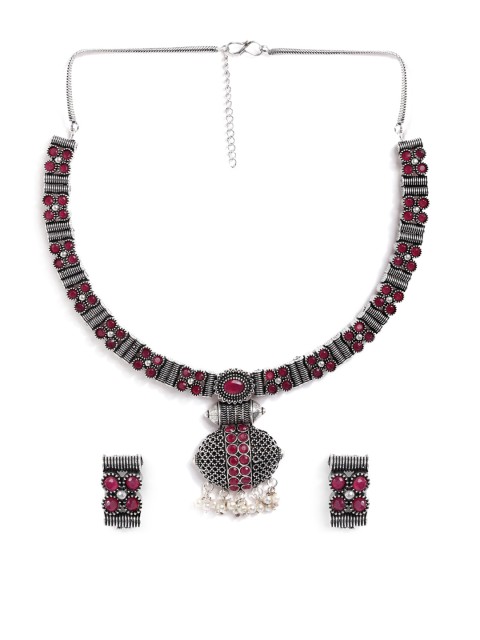 

Rubans Oxidised Silver-Plated White & Pink Ruby-Studded & Beaded Jewellery Set