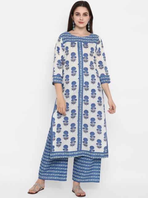 

ZOEYAMS Women White & Blue Printed Kurta with Palazzos