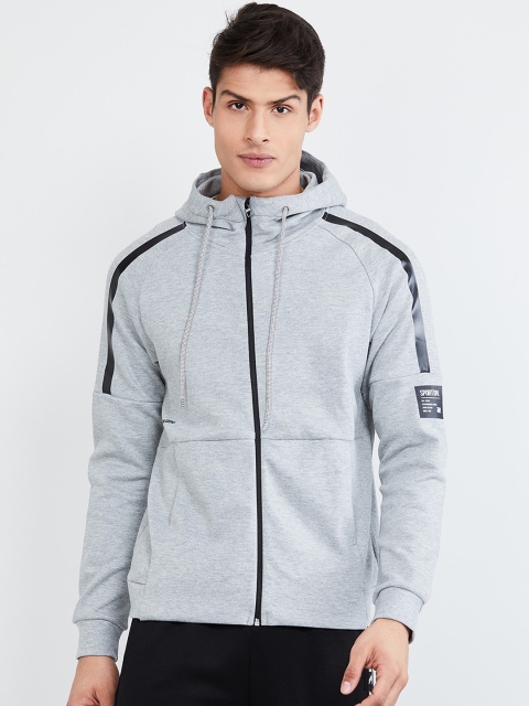 

max Men Grey Melange Solid Hooded Sweatshirt