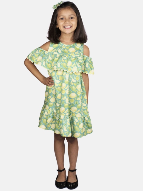 

RIBBON CANDY Girls Green & Yellow Printed A-Line Dress With Hair Clip
