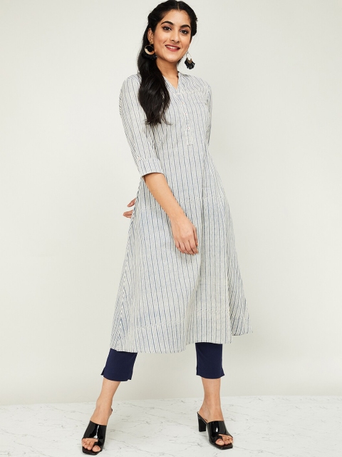 

Melange by Lifestyle Women Off-White & Navy Blue Striped Kurta with Trousers