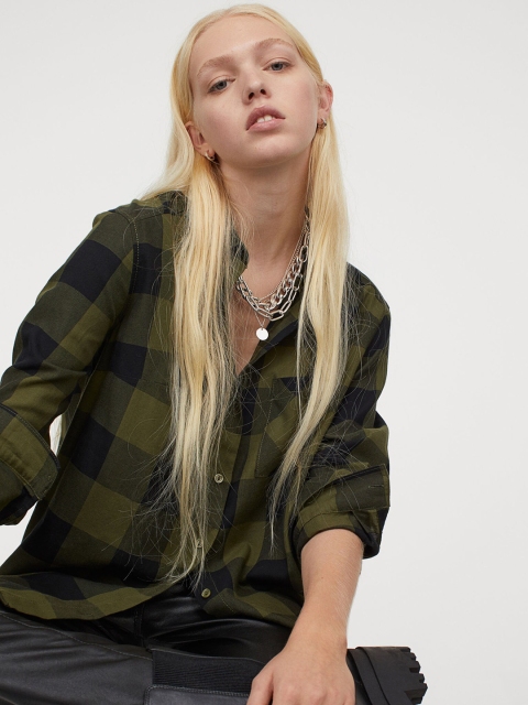 

H&M Women Green & Black Checked Cotton Shirt