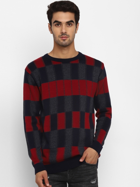 

METTLE Men Grey & Red Checked Pullover Sweater