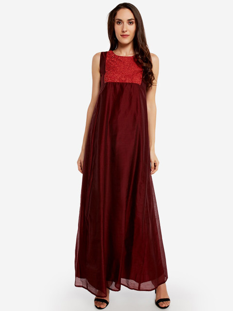 

Desi Weavess Women Maroon Embroidered Maxi Dress
