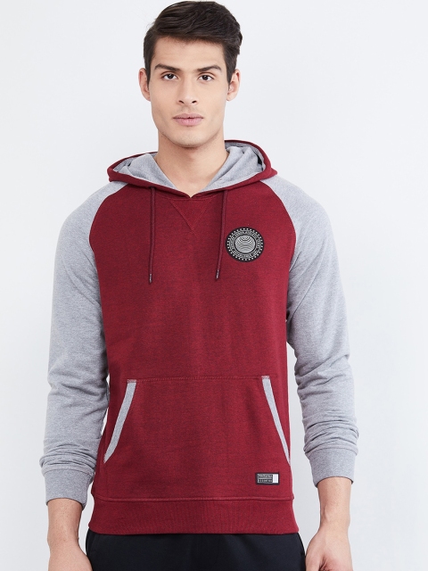 

max Men Grey & Maroon Colourblocked Hooded Sweatshirt