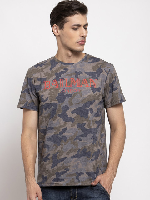 

DOOR74 Men Grey Camouflage Printed Round Neck T-shirt