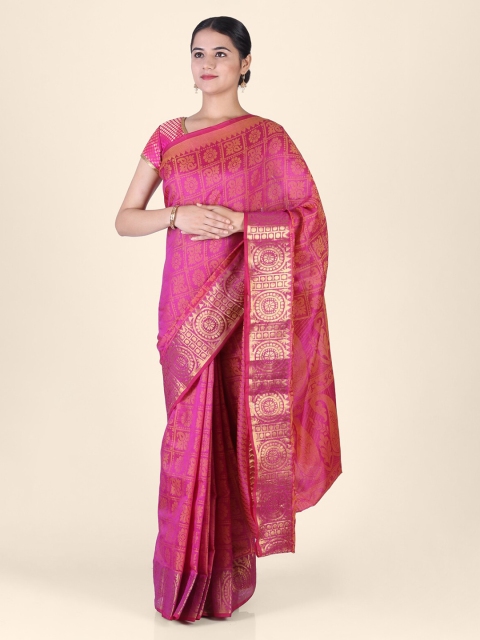 

CLAI WORLD Purple & Gold-Toned Cotton Blend Solid Banarasi Saree