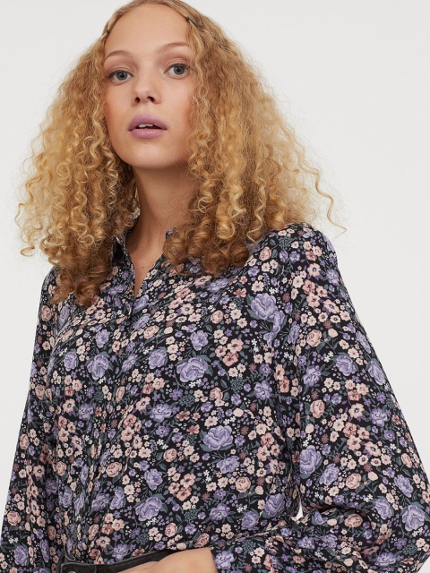 

H&M Women Black & Blue Printed Balloon Sleeved Shirt