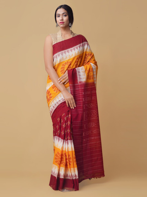 

Unnati Silks Maroon & Yellow Pure Cotton Dyed Handloom Sambalpuri Saree