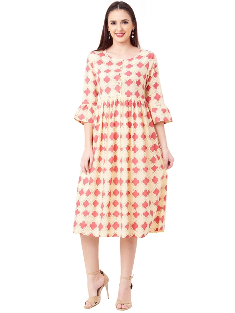 

IMARA Women Off-White Printed Fit and Flare Dress