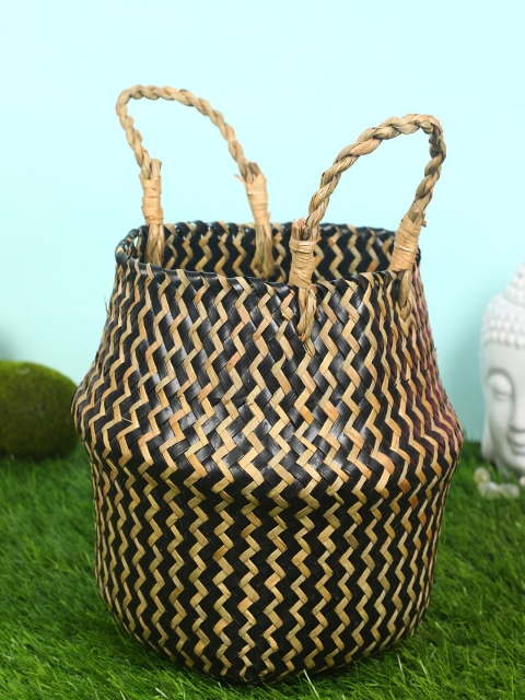 

PolliNation Black & Beige Natural Plush Woven Seagrass Tote Belly Basket
