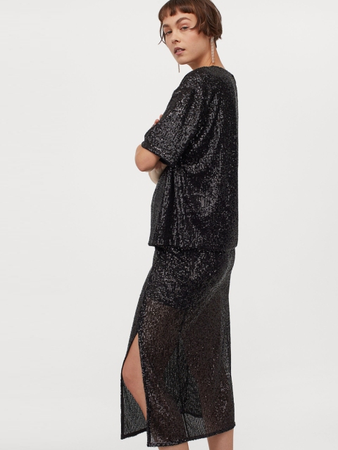 

H&M Women Black Slit-Front Sequined Skirt