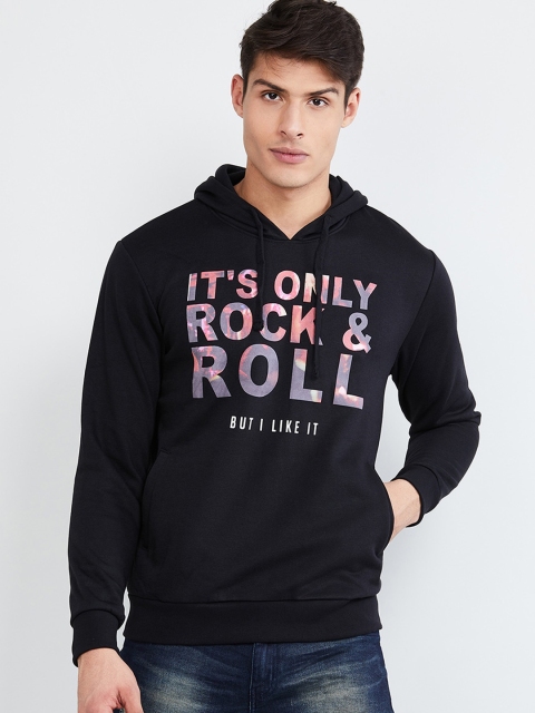 

max Men Black Printed Hooded Sweatshirt