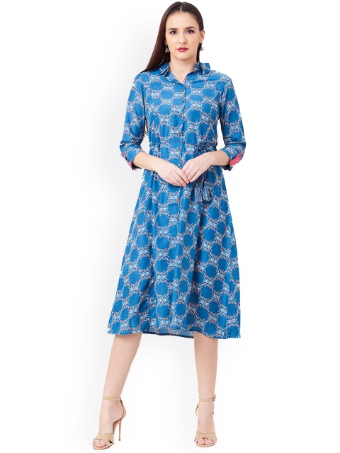 

IMARA Women Blue Printed A-Line Dress