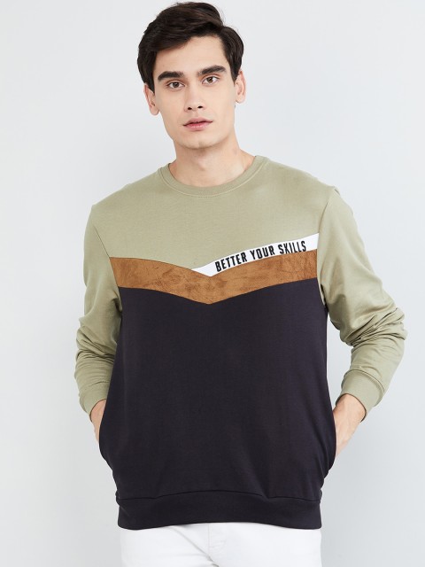 

max Men Charcoal Grey & Green Colourblocked Sweatshirt