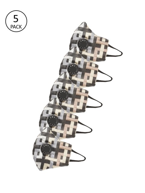 

LUXURAZI Men Pack of 5 Pcs Beige & Grey Reusable 5-Ply Protective Outdoor Masks With Valve