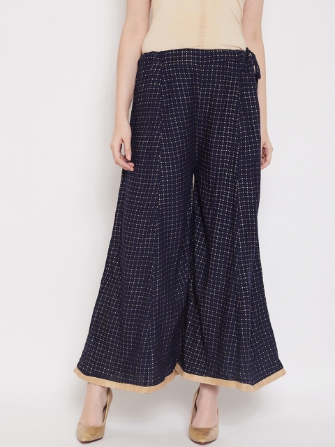 

Castle Women Navy Blue & Gold-Toned Checked Flared Palazzos