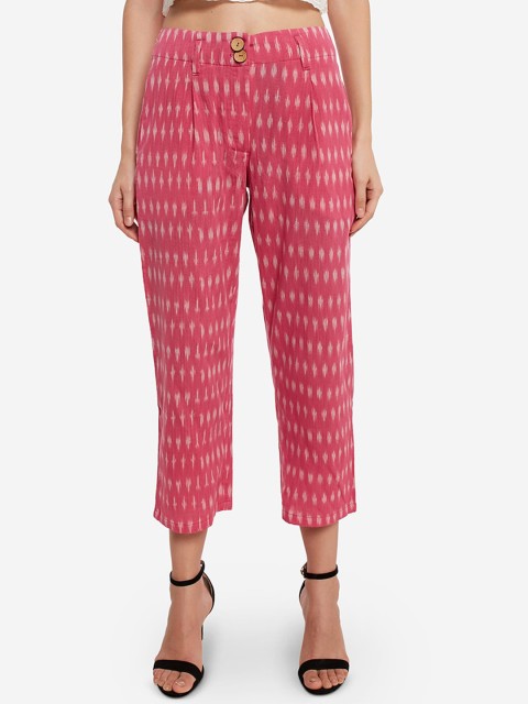 

Desi Weavess Women Pink Ikkat Printed Straight Cropped Palazzos