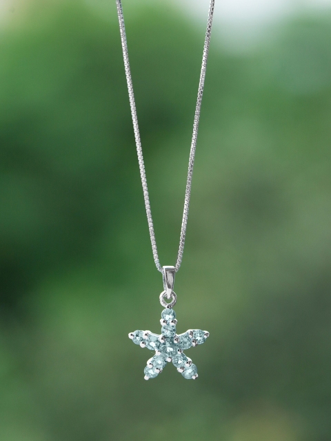 

Bigsmall 925 Sterling Silver Blue Natural Aquamarine-Studded Starfish Semi-Precious Handcrafted Pendant With Chain