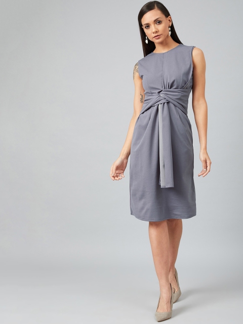 

Athena Women Grey Solid Front Knot A-Line Dress