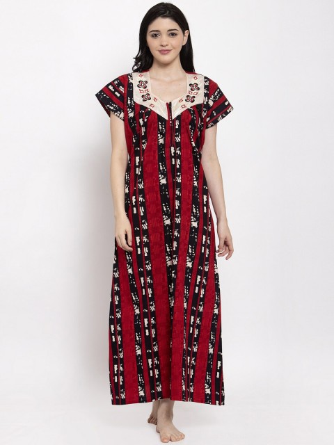 Secret Wish Red Printed Cotton Maxi Nightdress