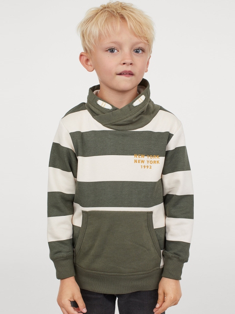 

H&M Boys Olive Green & Off-White Striped Funnel-Collar Sweatshirt