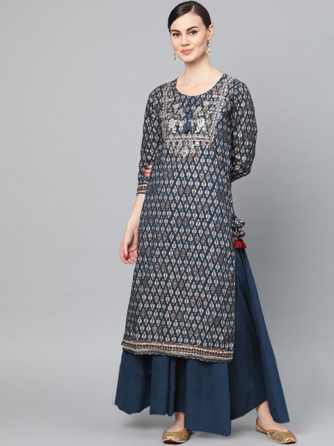 

Ishin Women Navy Blue & Off-White Printed A-Line Kurta