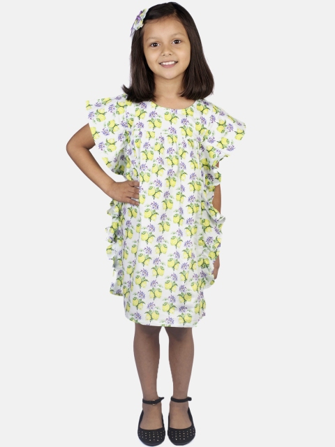 

RIBBON CANDY Girls White & Yellow Printed A-Line Dress With Hair Clip