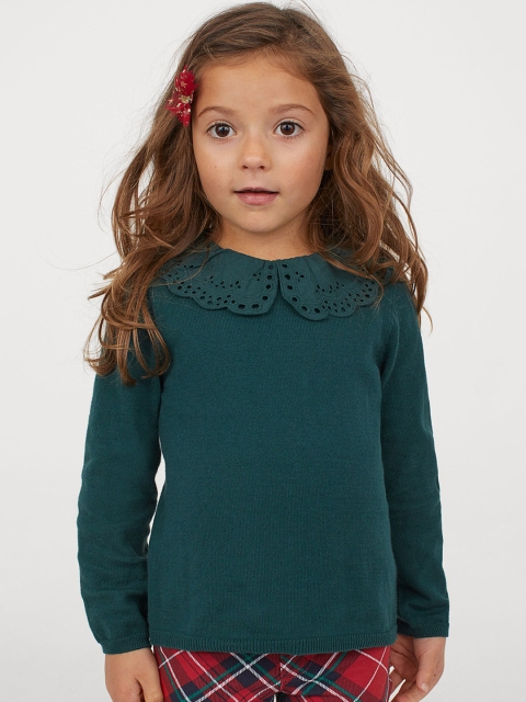 

H&M Girls Green Solid Collared Jumper