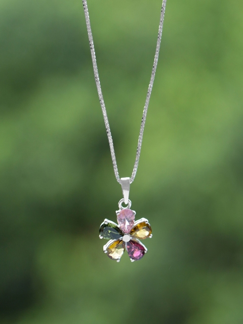 

Bigsmall 925 Sterling Silver Pink & Yellow Tourmaline Floral Pendant With Chain