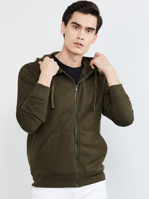 

max Men Olive Green Solid Hooded Sweatshirt
