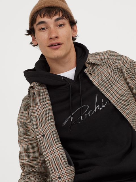 

H&M Men Black Printed Hooded Top