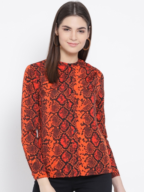 

Oxolloxo Women Orange & Black Regular Fit Snake Skin Printed Casual Shirt