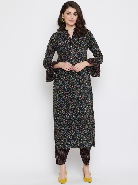 

Tulsattva Women Black & Yellow Floral Printed Kurta with Salwar