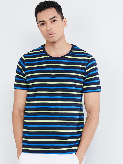 

max Men Blue Striped Round Neck T-shirt