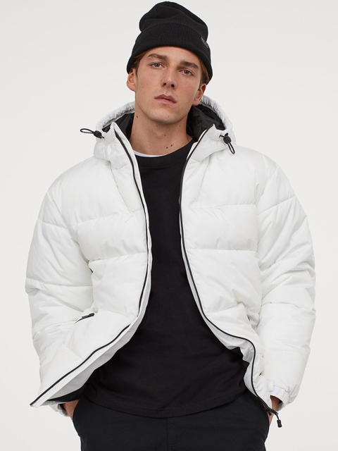 

H&M Men White Solid Hooded Puffer Jacket