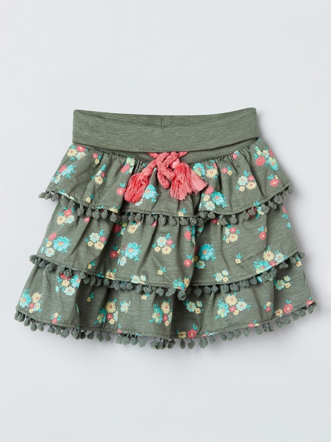 max Girls Green Floral Printed A-Line Pure Cotton Skirt