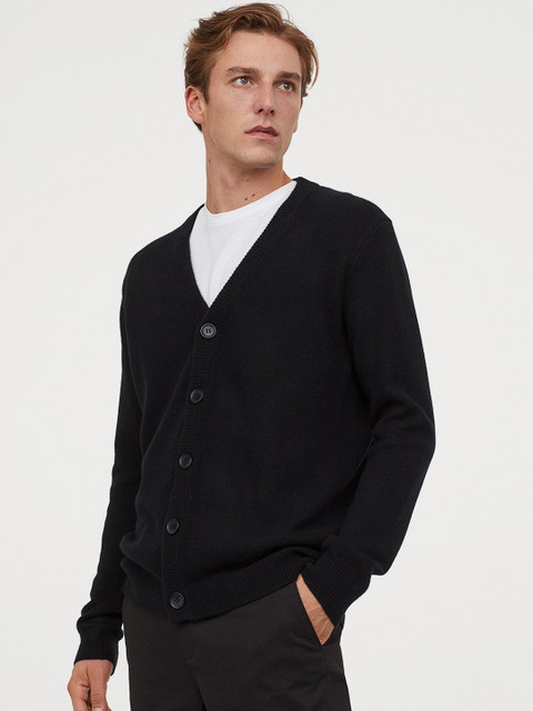 

H&M Men Black Solid Wool Cardigan