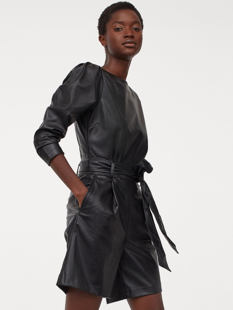 

H&M Women Black Solid Imitation Leather Playsuit