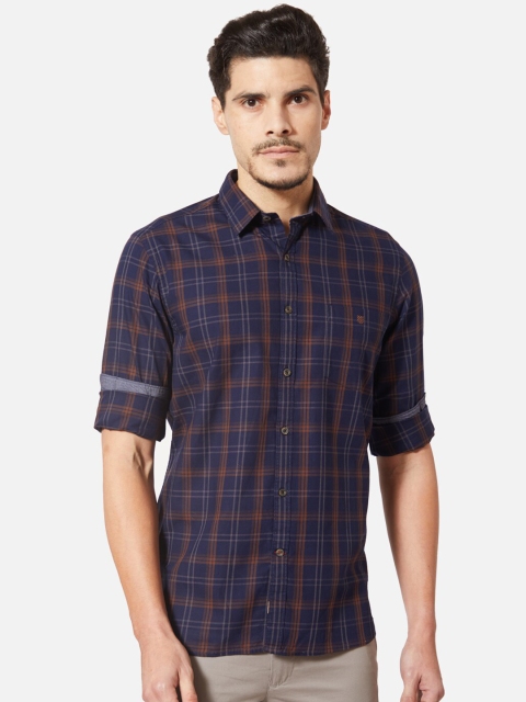 

J Hampstead Men Rust Orange & Navy Blue Regular Fit Checked Casual Shirt