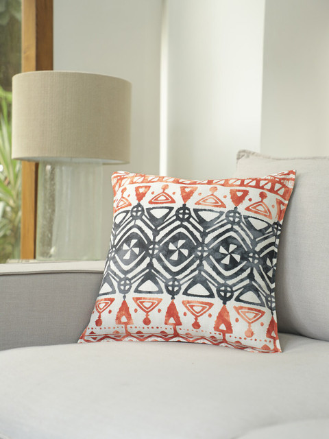 

BLUE BOAT Rust Orange & Blue Single Ethnic Motifs Square Cushion Cover