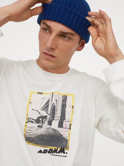 

H&M Men White & Grey Printed Jersey Top