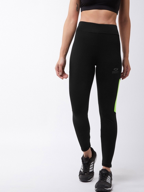 

Masch Sports Women Black Solid Rapid Dry Tights With Fluroscent Green Side Panels