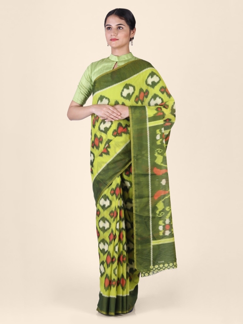 

CLAI WORLD Green & Red Silk Blend Printed Ikat Saree
