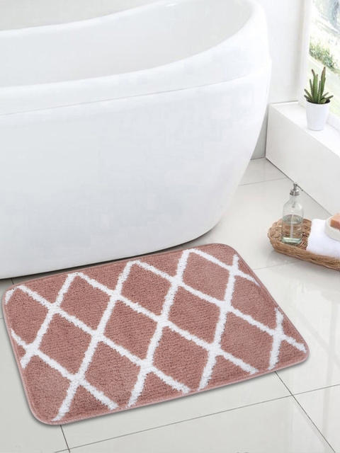 

HOKIPO Brown & White Checked Shaggy Rubber Backing Anti-Slip Microfiber Bath Rug