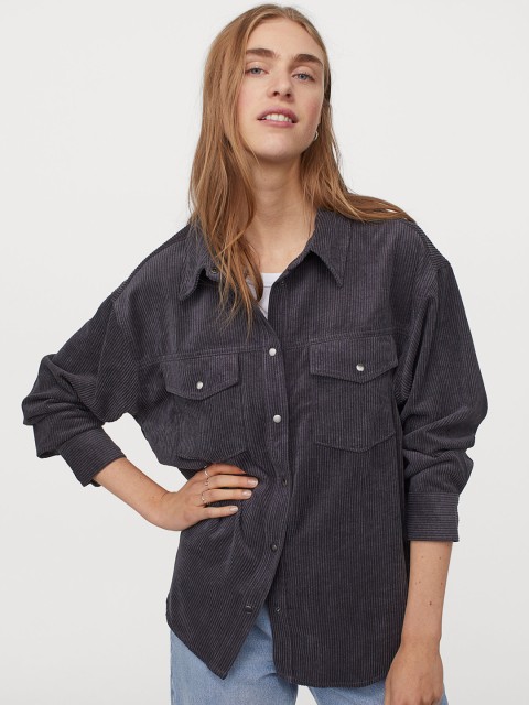 

H&M Women Charcoal Grey Solid Corduroy Shirt
