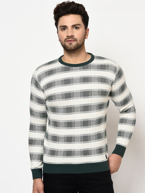 

METTLE Men Green & White Checked Pullover Sweater